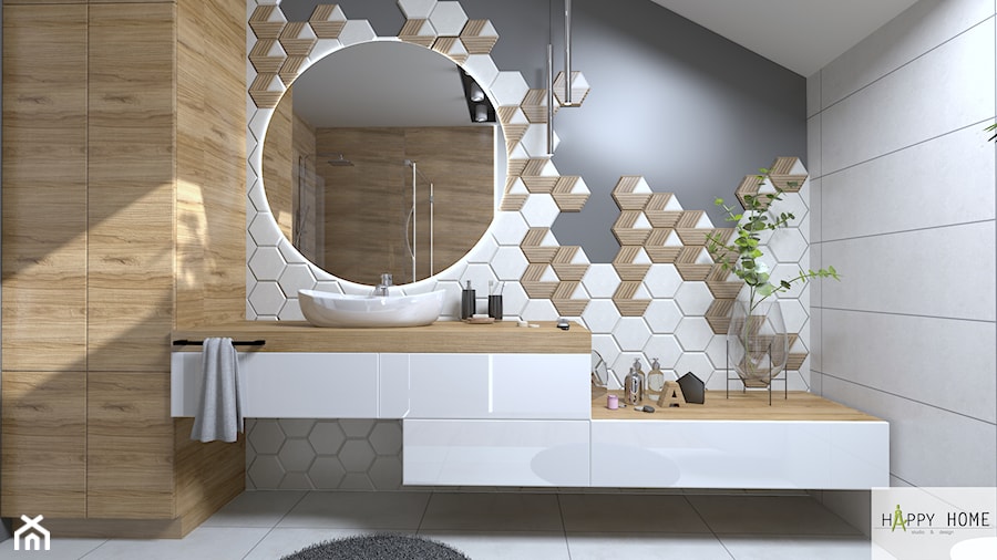Łazienka w bieli i drewnie - Średnia na poddaszu bez okna z lustrem łazienka, styl nowoczesny - zdjęcie od Happy Home