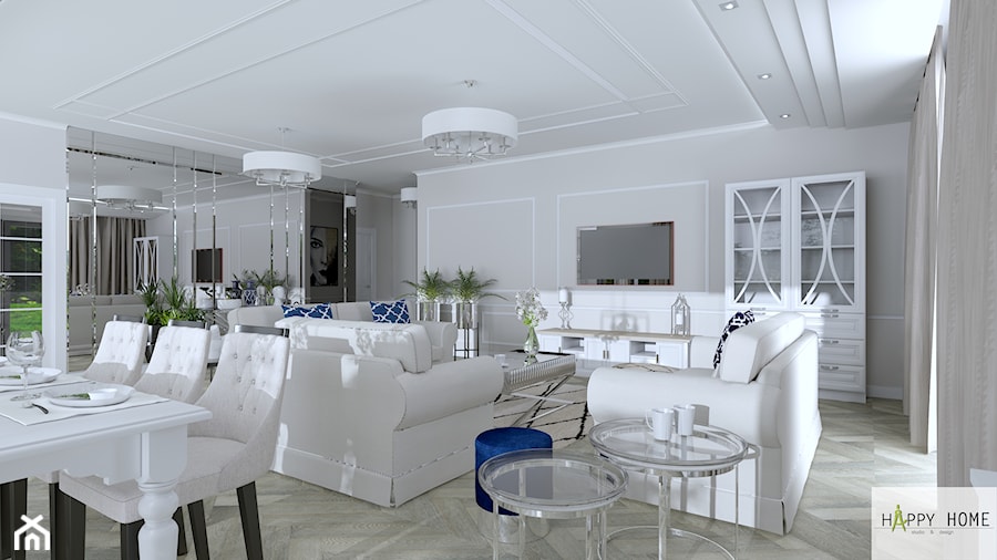 Salon w stylu nowojorskim - Duży biały szary salon z jadalnią, styl glamour - zdjęcie od Happy Home