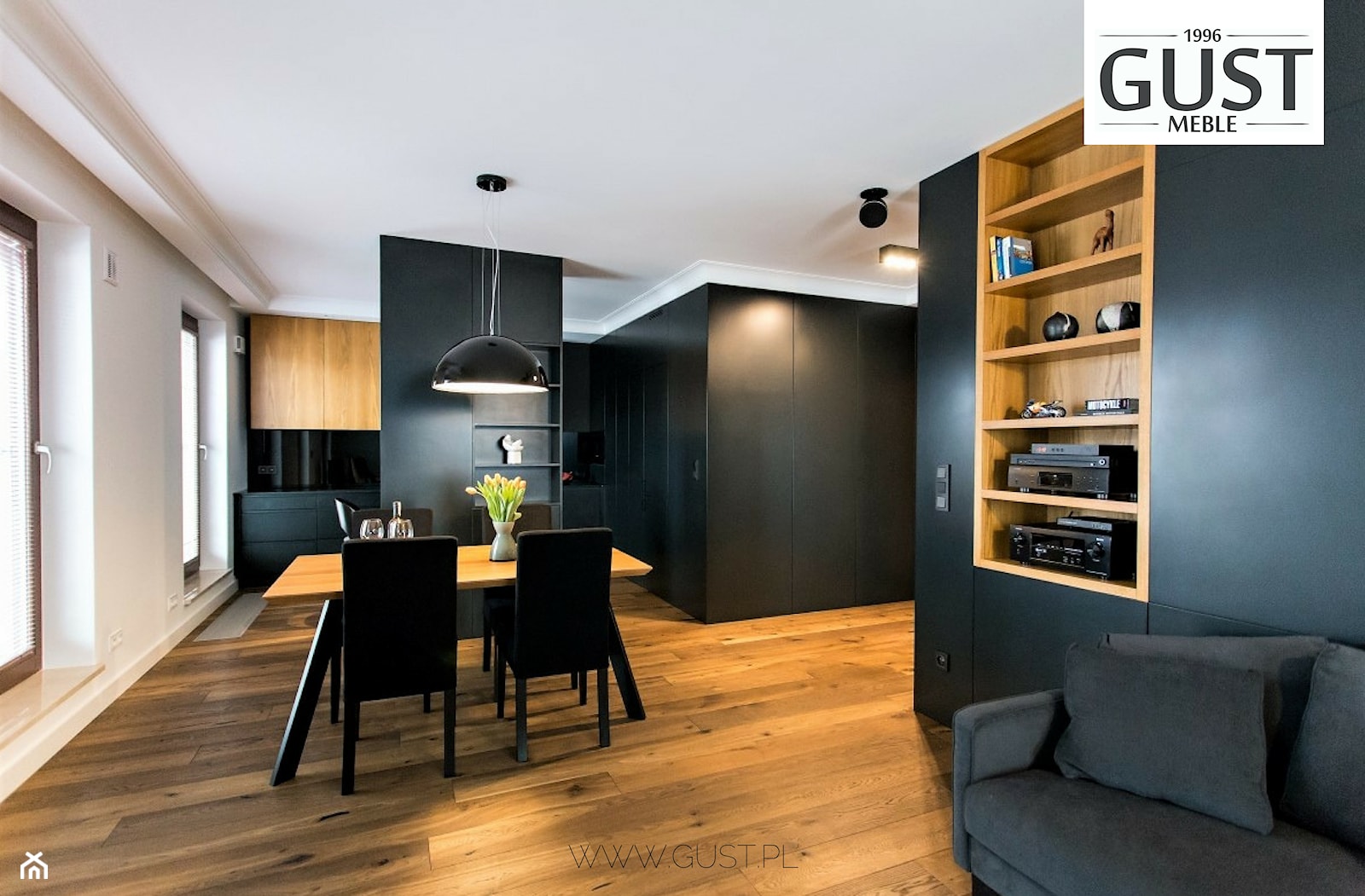 Apartament na Solcu - Średni biały czarny salon z kuchnią z jadalnią, styl nowoczesny - zdjęcie od GUST MEBLE - Homebook