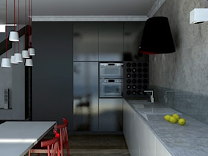 Dom jednorodzinny 01 - Średnia z salonem z kamiennym blatem szara z zabudowaną lodówką z podblatowym zlewozmywakiem kuchnia jednorzędowa, styl nowoczesny - zdjęcie od pracownia.aqq