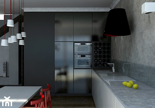 Dom jednorodzinny 01 - Średnia z salonem z kamiennym blatem szara z zabudowaną lodówką z podblatowym zlewozmywakiem kuchnia jednorzędowa, styl nowoczesny - zdjęcie od pracownia.aqq