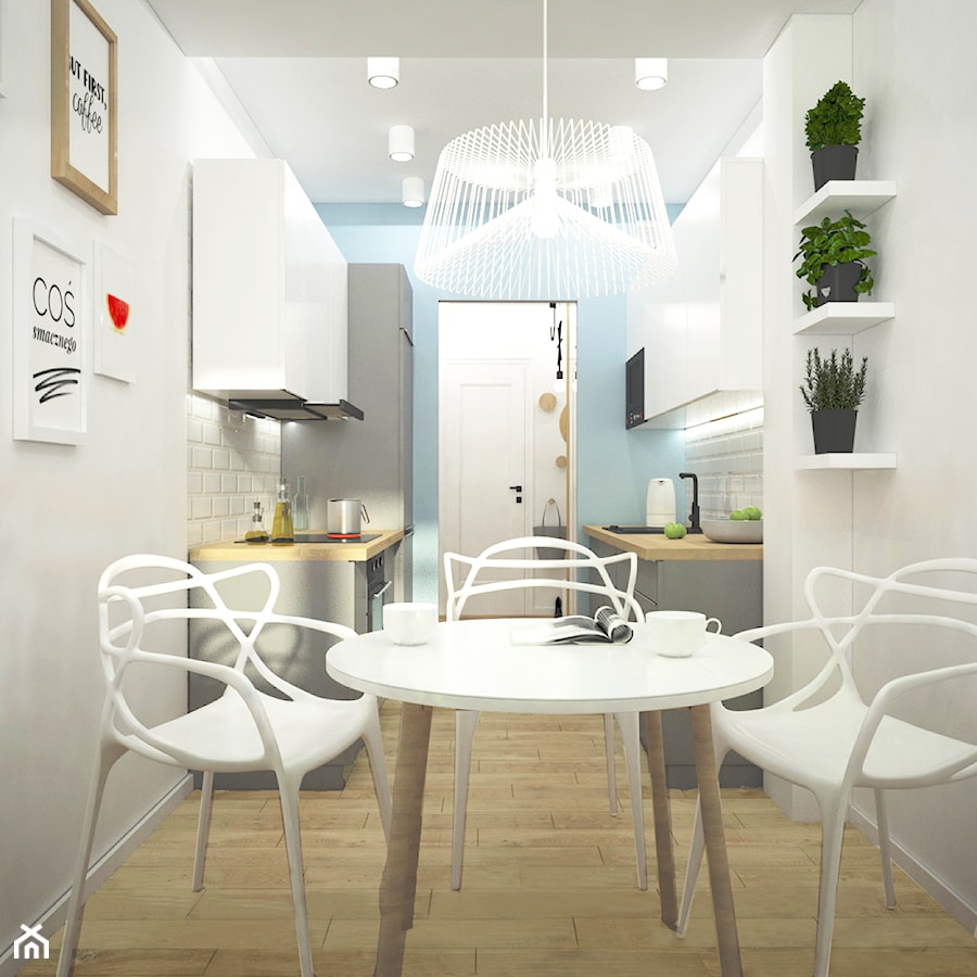 Remont mieszkania pod inwestycję - Mała biała niebieska jadalnia w kuchni, styl skandynawski - zdjęcie od Wnętrza od NOWA