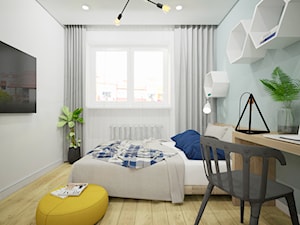 Mieszkanie na wynajem dla studentów - Średnia biała niebieska z biurkiem sypialnia, styl skandynawski - zdjęcie od Wnętrza od NOWA