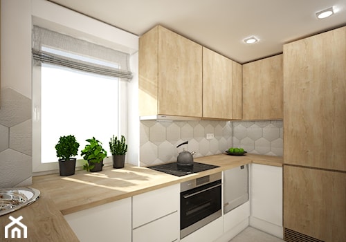 Małe mieszkanie wersja 2 - Mała zamknięta szara z zabudowaną lodówką z nablatowym zlewozmywakiem kuchnia w kształcie litery u z oknem, styl skandynawski - zdjęcie od Wnętrza od NOWA