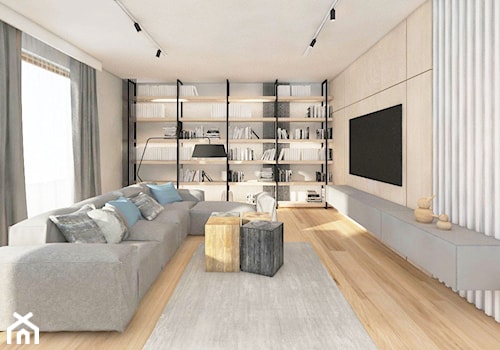 Mieszkanie dla odważnych klientów - Średni biały salon z bibiloteczką, styl nowoczesny - zdjęcie od Wnętrza od NOWA