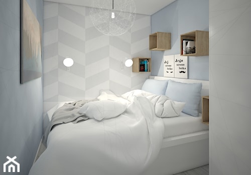 Małe mieszkanie wersja 2 - Mała biała niebieska szara sypialnia, styl skandynawski - zdjęcie od Wnętrza od NOWA