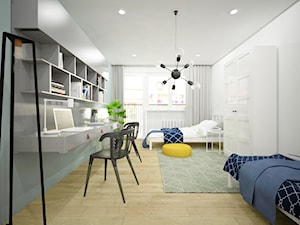Mieszkanie na wynajem dla studentów - Duża biała szara z biurkiem sypialnia z balkonem / tarasem, styl skandynawski - zdjęcie od Wnętrza od NOWA