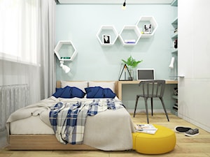 Mieszkanie na wynajem dla studentów - Średnia biała niebieska z biurkiem sypialnia, styl skandynawski - zdjęcie od Wnętrza od NOWA