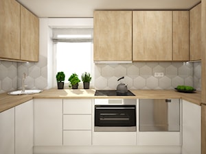 Małe mieszkanie wersja 2 - Średnia zamknięta biała szara z zabudowaną lodówką z nablatowym zlewozmywakiem kuchnia w kształcie litery u z oknem, styl skandynawski - zdjęcie od Wnętrza od NOWA
