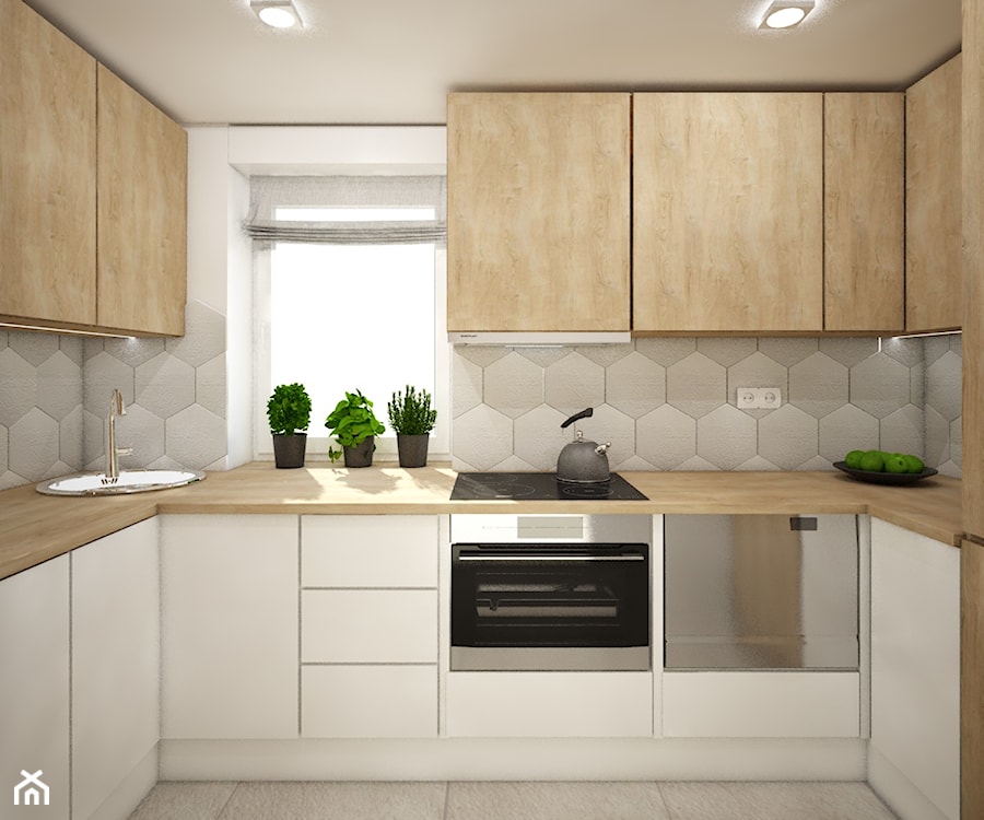 Małe mieszkanie wersja 2 - Średnia zamknięta biała szara z zabudowaną lodówką z nablatowym zlewozmywakiem kuchnia w kształcie litery u z oknem, styl skandynawski - zdjęcie od Wnętrza od NOWA