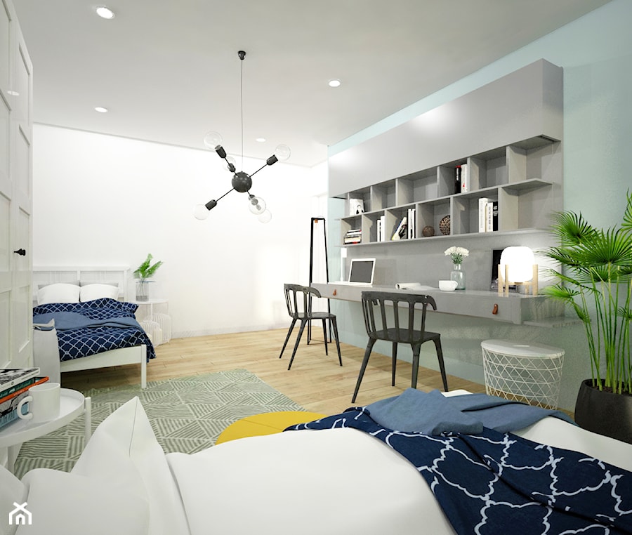 Mieszkanie na wynajem dla studentów - Średnia biała szara zielona z biurkiem sypialnia, styl skandynawski - zdjęcie od Wnętrza od NOWA