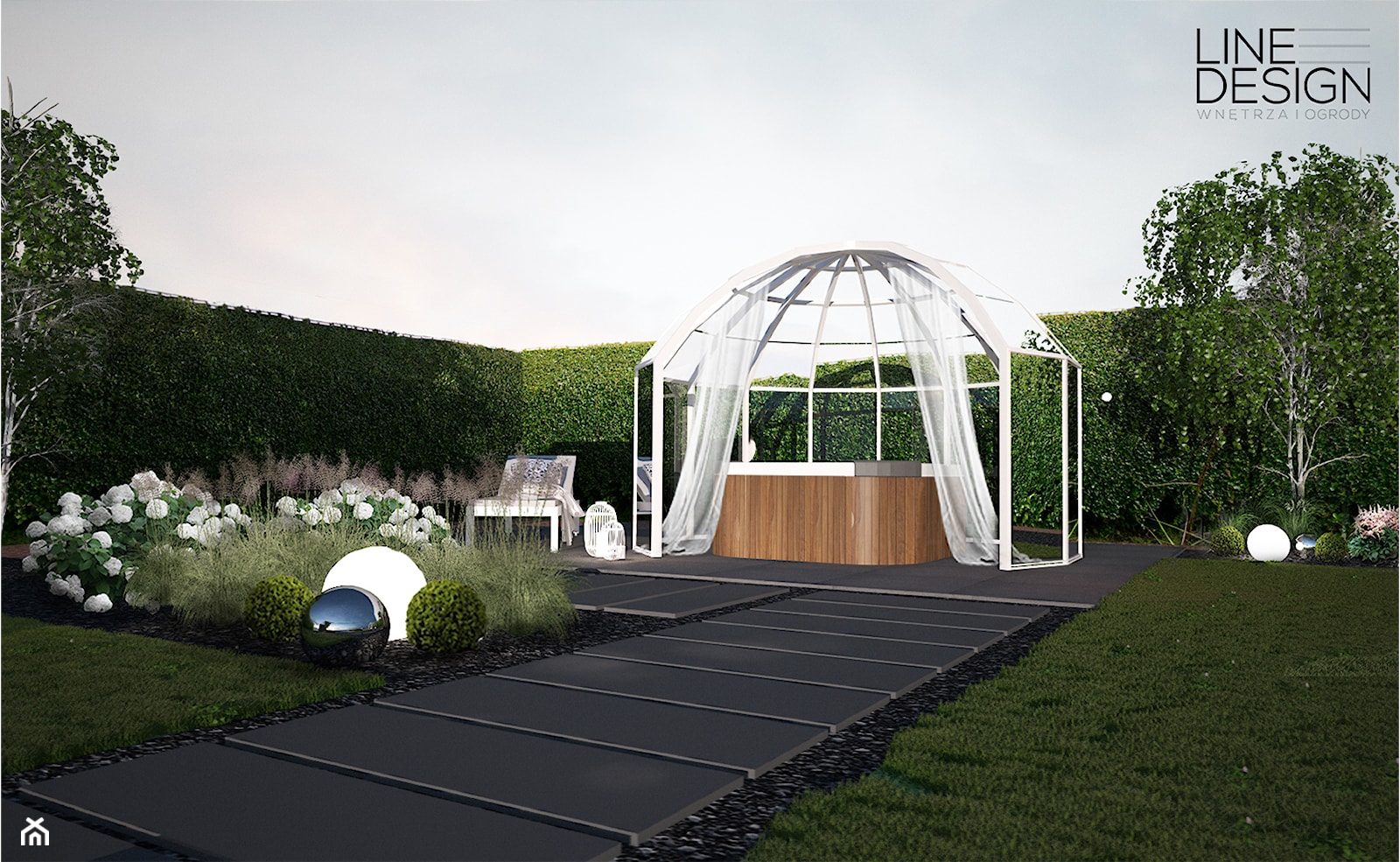 Projekt ogrodu przydomowego w Solcu - Średni ogród za domem z jacuzzi, styl nowoczesny - zdjęcie od Line Design - Homebook