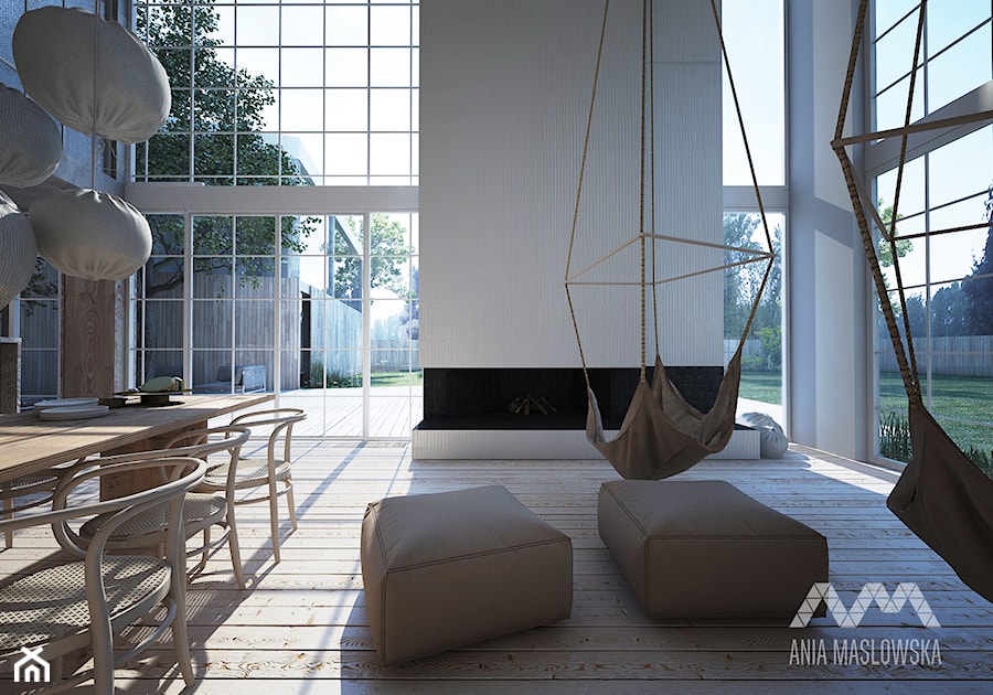 Dom jednorodzinny 450 m2 - Duży biały salon z jadalnią, styl skandynawski - zdjęcie od Ania Masłowska