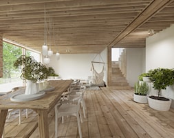 Dom nad jeziorem. - Średni beżowy salon z jadalnią z tarasem / balkonem, styl rustykalny - zdjęcie od Ania Masłowska - Homebook