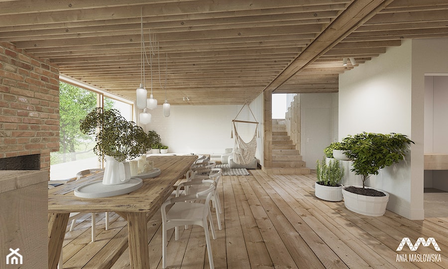 Dom nad jeziorem. - Średni beżowy salon z jadalnią z tarasem / balkonem, styl rustykalny - zdjęcie od Ania Masłowska