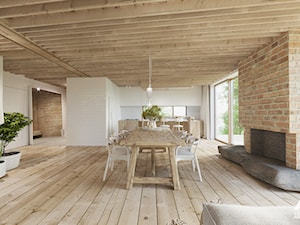 Dom nad jeziorem. - Duża beżowa biała jadalnia w salonie jako osobne pomieszczenie, styl skandynawski - zdjęcie od Ania Masłowska