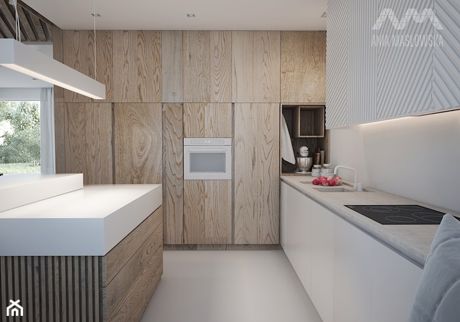 Projekt domu w Józefowie - Duża otwarta z kamiennym blatem biała z zabudowaną lodówką z podblatowym zlewozmywakiem kuchnia w kształcie litery l, styl minimalistyczny - zdjęcie od Ania Masłowska