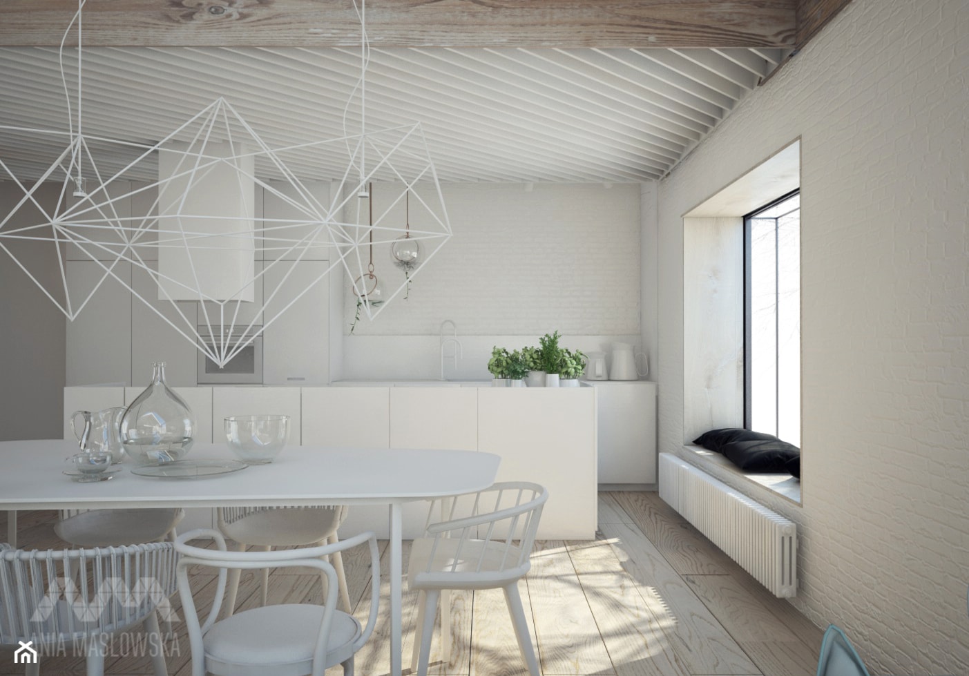 Projekt wnętrz domu pod Białymstokiem_wersja1 - Średnia biała jadalnia w kuchni, styl skandynawski - zdjęcie od Ania Masłowska - Homebook