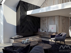 Projekt wnętrz domu pod Białymstokiem_wersja2 - Średni biały czarny salon z tarasem / balkonem, styl skandynawski - zdjęcie od Ania Masłowska