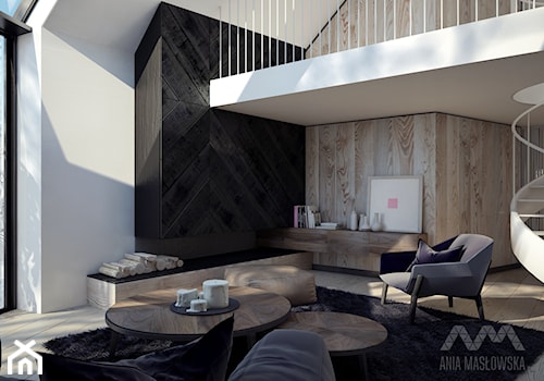 Projekt wnętrz domu pod Białymstokiem_wersja2 - Średni biały czarny salon z tarasem / balkonem, styl skandynawski - zdjęcie od Ania Masłowska