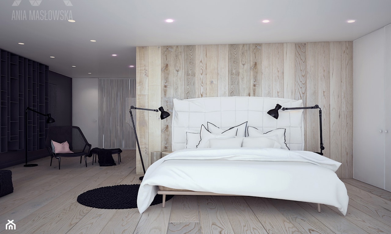 sypialnia w stylu minimalistycznym, czarna lampa podłogowa, biała pościel, feng shui w sypialni