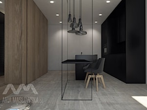 Projekt wnętrz mieszkania, Poznań 2013 rok - Średnia otwarta z salonem biała czarna z zabudowaną lodówką kuchnia dwurzędowa z wyspą lub półwyspem - zdjęcie od Ania Masłowska