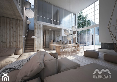 Dom jednorodzinny 450 m2 - Duży biały salon z kuchnią z jadalnią z tarasem / balkonem, styl rustykalny - zdjęcie od Ania Masłowska