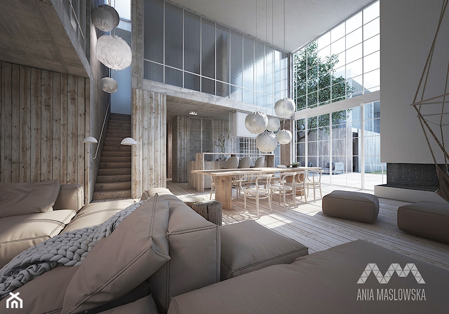 Dom jednorodzinny 450 m2 - Duży biały salon z kuchnią z jadalnią z tarasem / balkonem, styl rustykalny - zdjęcie od Ania Masłowska