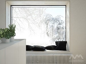 Projekt wnętrz domu pod Białymstokiem_wersja1 - Mała otwarta z kamiennym blatem biała kuchnia jednorzędowa, styl minimalistyczny - zdjęcie od Ania Masłowska