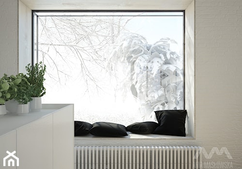 Projekt wnętrz domu pod Białymstokiem_wersja1 - Mała otwarta z kamiennym blatem biała kuchnia jednorzędowa, styl minimalistyczny - zdjęcie od Ania Masłowska