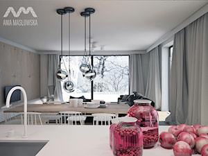 Dom nad Wkrą - Średnia beżowa szara jadalnia w salonie w kuchni, styl skandynawski - zdjęcie od Ania Masłowska