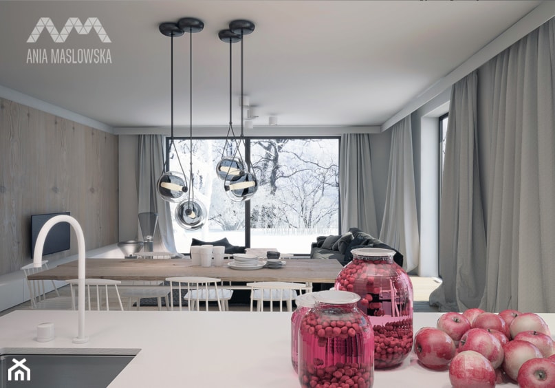 Dom nad Wkrą - Średnia beżowa szara jadalnia w salonie w kuchni, styl skandynawski - zdjęcie od Ania Masłowska