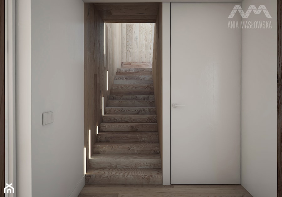 Projekt domu w Józefowie - Schody jednobiegowe drewniane, styl minimalistyczny - zdjęcie od Ania Masłowska