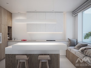 Projekt domu w Józefowie - Średnia otwarta biała z zabudowaną lodówką z podblatowym zlewozmywakiem kuchnia w kształcie litery l z wyspą lub półwyspem, styl minimalistyczny - zdjęcie od Ania Masłowska