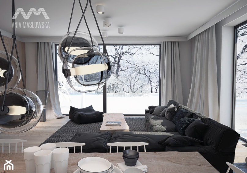 Dom nad Wkrą - Średnia beżowa jadalnia w salonie, styl skandynawski - zdjęcie od Ania Masłowska