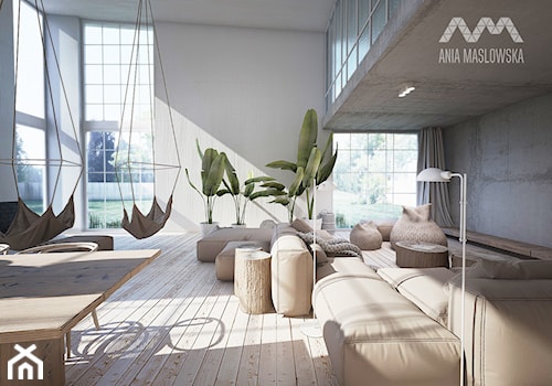 Dom jednorodzinny 450 m2 - Duży biały szary salon z jadalnią z tarasem / balkonem z antresolą, styl skandynawski - zdjęcie od Ania Masłowska