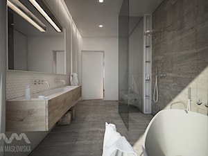 Projekt domu w Józefowie - Duża jako pokój kąpielowy z dwoma umywalkami łazienka z oknem, styl minimalistyczny - zdjęcie od Ania Masłowska