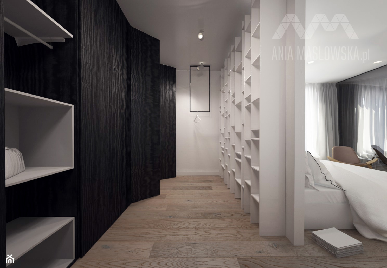 Projekt wnętrz mieszkania, Poznań 2013 rok - Duża otwarta garderoba przy sypialni - zdjęcie od Ania Masłowska - Homebook