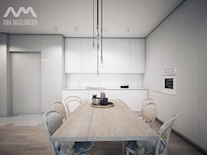Wilanów - Duża biała z zabudowaną lodówką kuchnia w kształcie litery l, styl skandynawski - zdjęcie od Ania Masłowska
