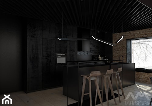 Projekt wnętrz domu pod Białymstokiem_wersja2 - Średnia otwarta z kamiennym blatem czarna z zabudowaną lodówką kuchnia dwurzędowa z wyspą lub półwyspem z oknem, styl minimalistyczny - zdjęcie od Ania Masłowska