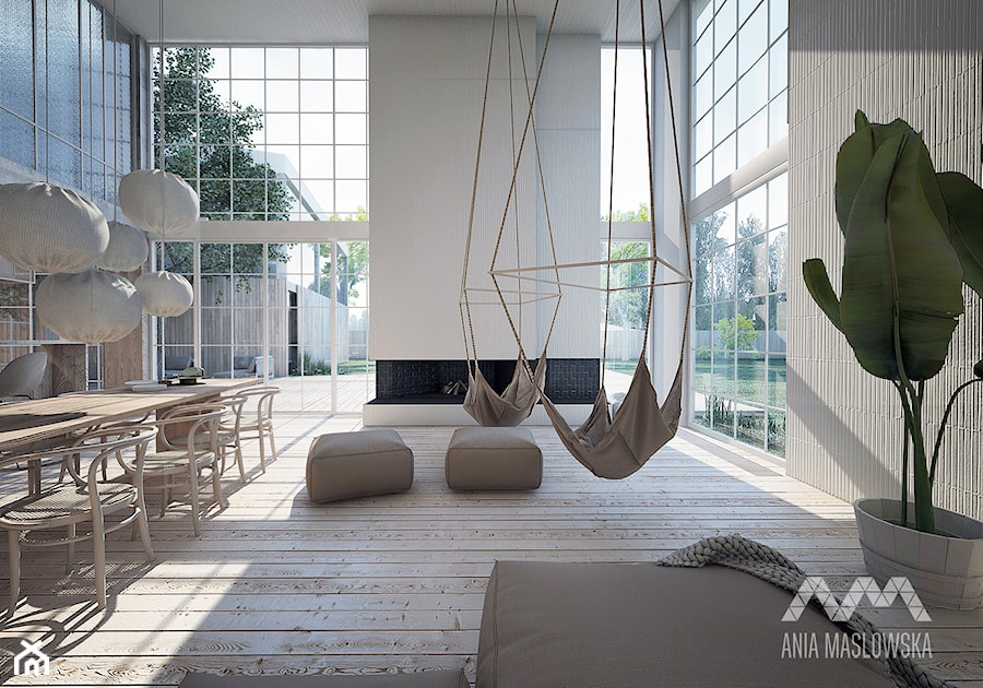 Dom jednorodzinny 450 m2 - Duży biały salon z jadalnią z tarasem / balkonem, styl skandynawski - zdjęcie od Ania Masłowska