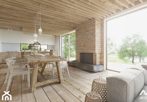 Dom nad jeziorem. - Duży beżowy biały salon z kuchnią z jadalnią, styl rustykalny - zdjęcie od Ania Masłowska