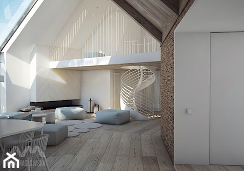 Projekt wnętrz domu pod Białymstokiem_wersja1 - Duży biały salon z jadalnią z antresolą, styl skandynawski - zdjęcie od Ania Masłowska