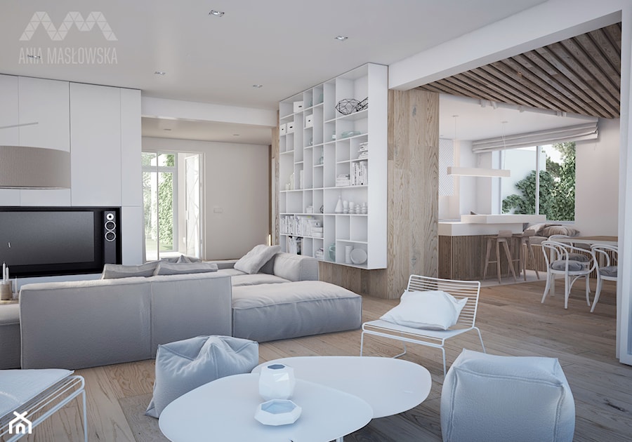 Projekt domu w Józefowie - Średni biały salon z kuchnią z jadalnią, styl minimalistyczny - zdjęcie od Ania Masłowska