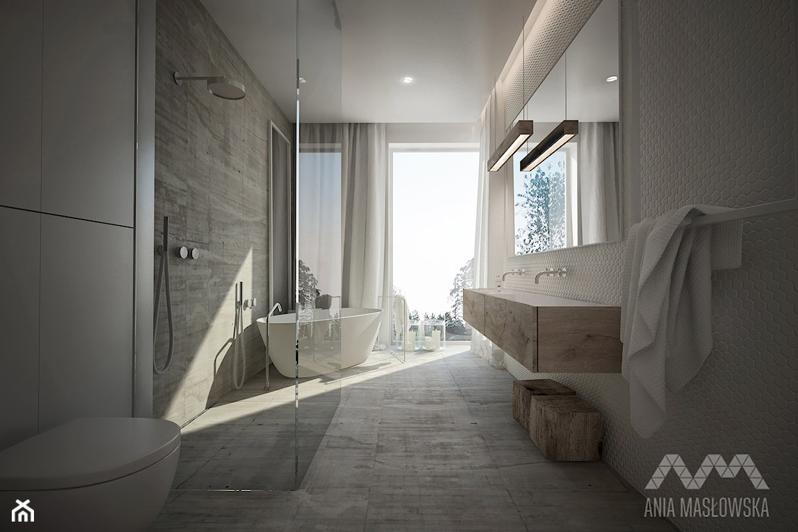 łazienka w stylu minimalistycznym z wanną wolnostojącą i z kabiną walk in