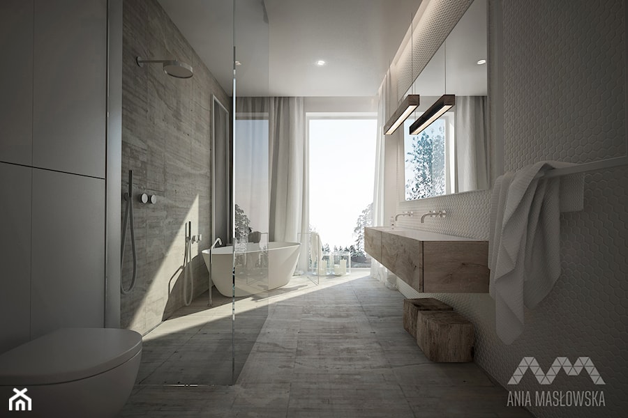 Projekt domu w Józefowie - Duża jako pokój kąpielowy z dwoma umywalkami łazienka z oknem, styl minimalistyczny - zdjęcie od Ania Masłowska