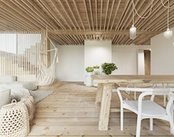 Dom nad jeziorem. - Duży biały salon z kuchnią z jadalnią, styl skandynawski - zdjęcie od Ania Masłowska - Homebook