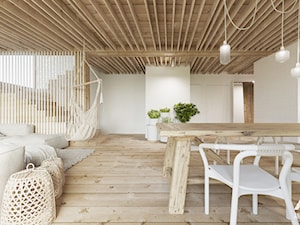 Dom nad jeziorem. - Duży biały salon z kuchnią z jadalnią, styl skandynawski - zdjęcie od Ania Masłowska