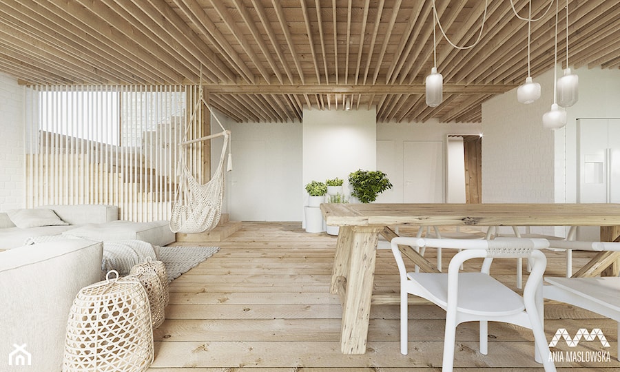 Dom nad jeziorem. - Duży biały salon z kuchnią z jadalnią, styl skandynawski - zdjęcie od Ania Masłowska
