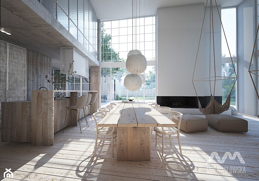 Dom jednorodzinny 450 m2 - Duża biała jadalnia w salonie w kuchni, styl skandynawski - zdjęcie od Ania Masłowska